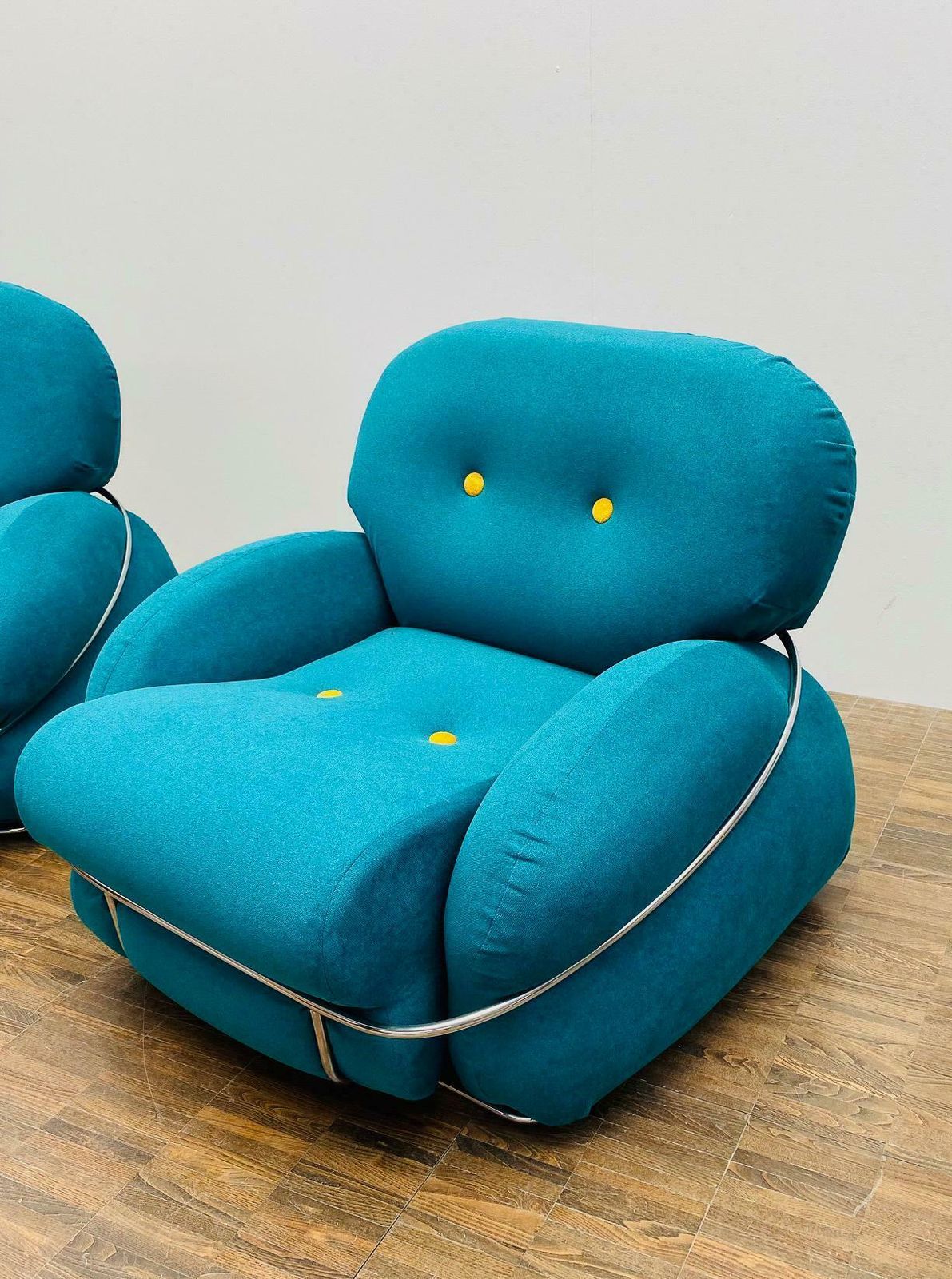 Pair Of Bleu And Yellow Armchairs In The Style Of Sesann, Italy, 1960s photo Furniture