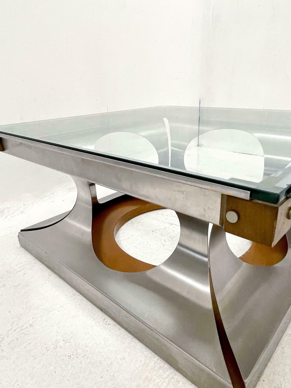 Italian Coffee Table, Glass And Steel And Wood, 1970s photo furniture