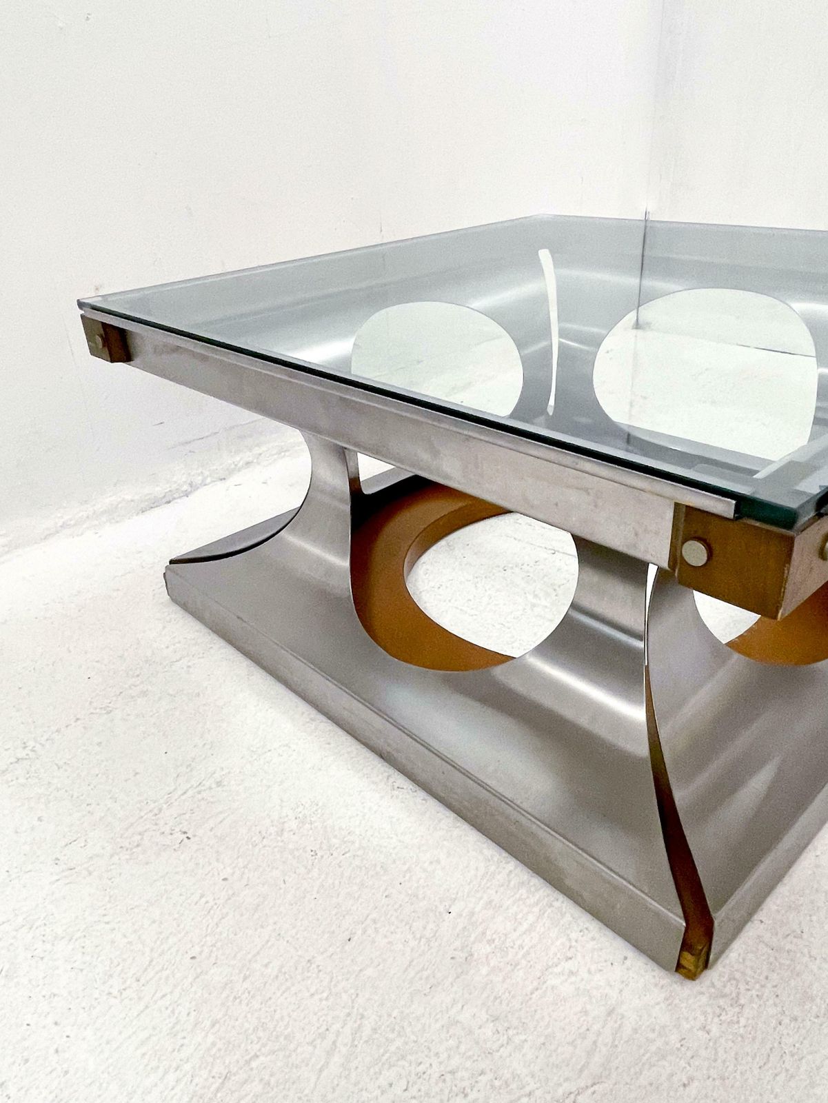 Italian Coffee Table, Glass And Steel And Wood, 1970s photo for sale