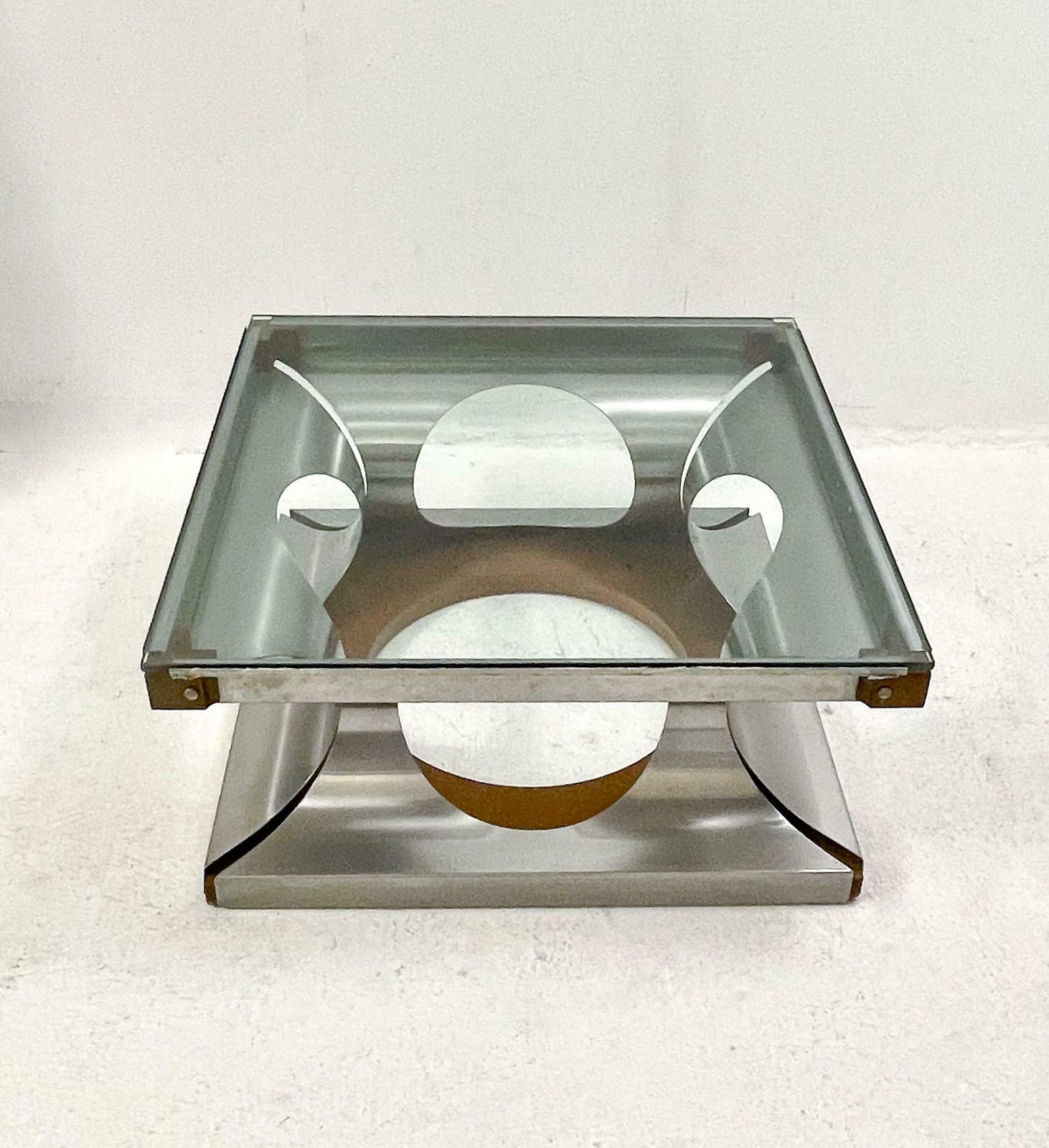 Italian Coffee Table, Glass And Steel And Wood, 1970s photo 2070.0