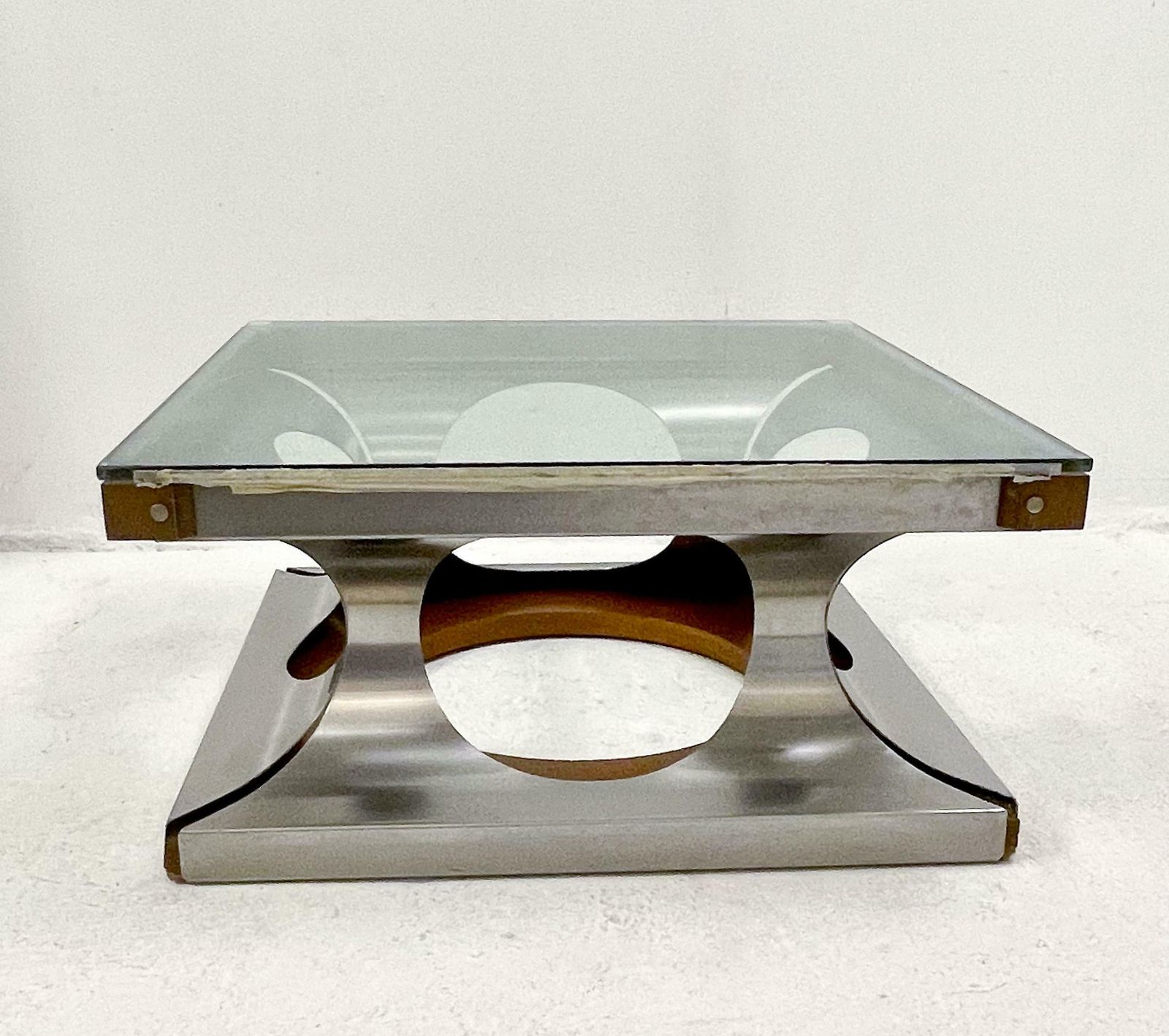 Italian Coffee Table, Glass And Steel And Wood, 1970s photo vinterior
