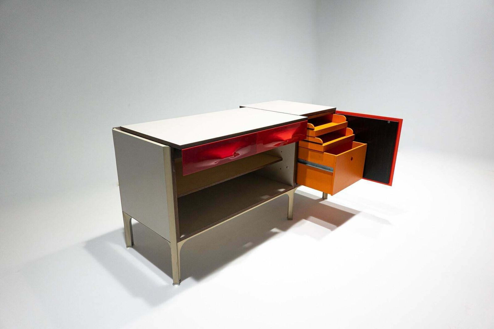 Furniture Mid Century Modern Desk With Sliding Top By Raymond Loewy, 1960s photo