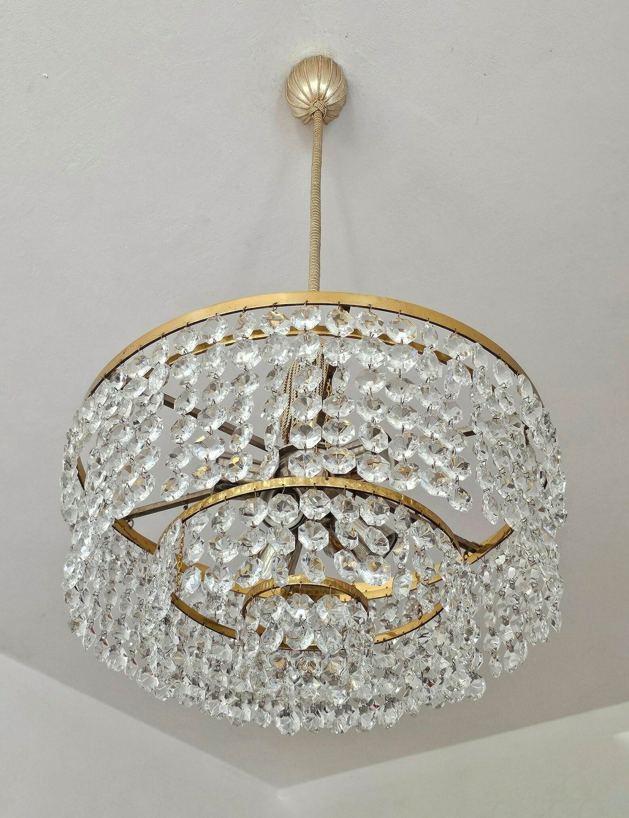 photo for sale Very Rare Luxurious Mid Century Modern Chandelier By Bakalowits // Gold Plated Brass And Crystal Chandelier // Made In Austria In 1960s