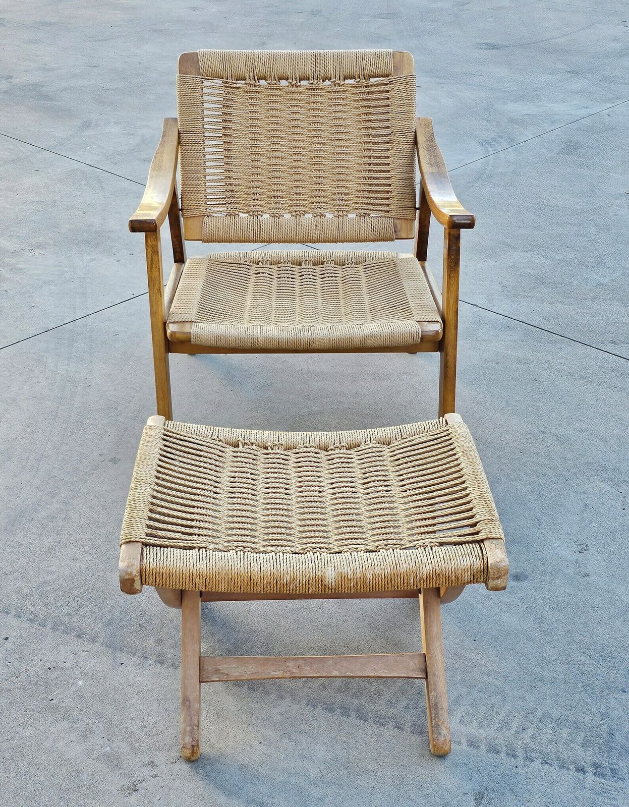 photo furniture Pair Of Mid Century Modern Armchairs With Ottomans Done In Oak And Danish Paper Cord Done In Hans J. Wegner Style / Made In Yugoslavia In 1960s