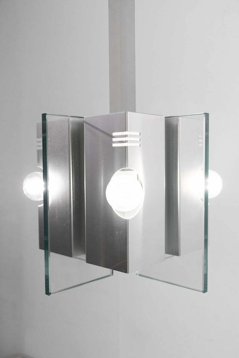 Mid Century Mordern Suspension, Metal And Glass Structure, Italian, 1970s