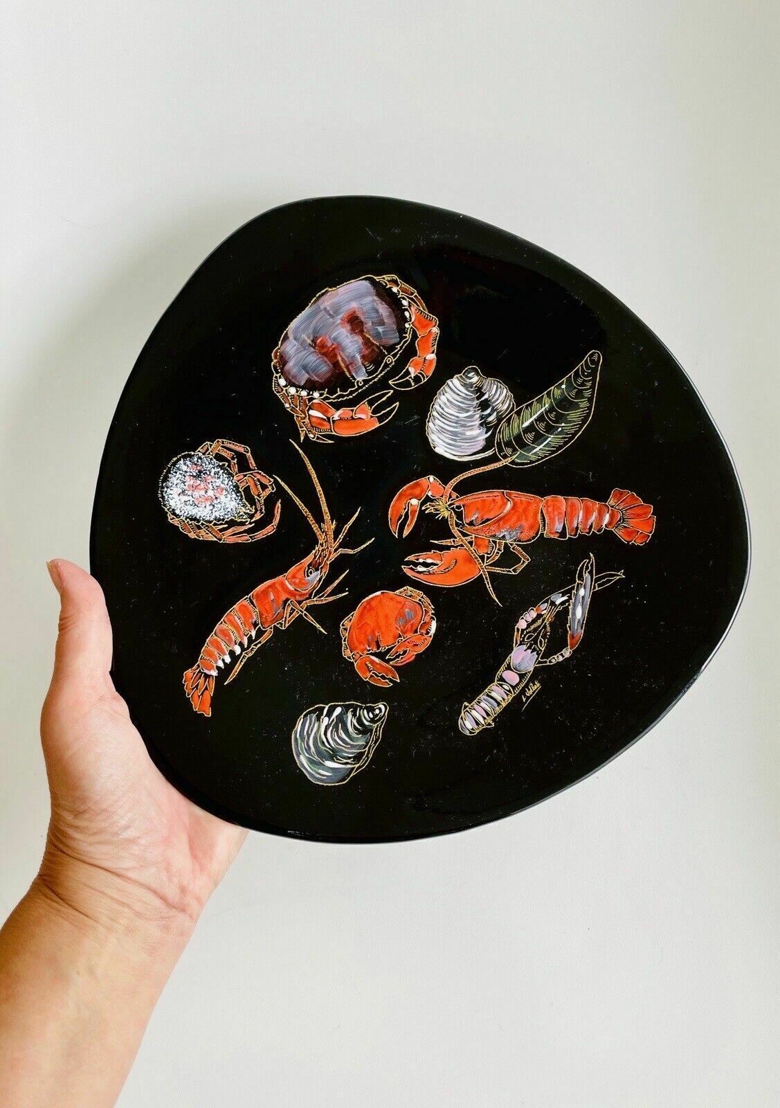 Longwy French Enamel Plate With Hand Painted Crustaceans L Valenti Numbered 3522 photo furniture