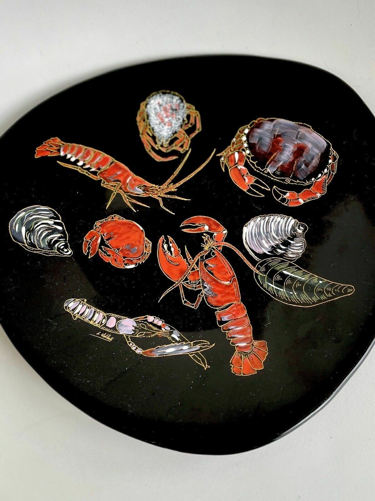 Longwy French Enamel Plate With Hand Painted Crustaceans L Valenti Numbered 3522 photo for sale
