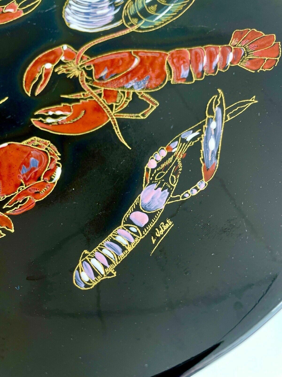 Longwy French Enamel Plate With Hand Painted Crustaceans L Valenti Numbered 3522 photo buy