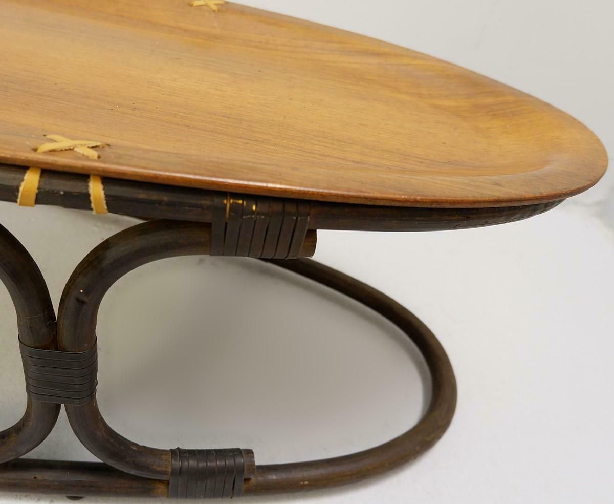Oval Italian Teak Coffee Table, Plywood Top, Bamboo And Leather Rope photo for sale