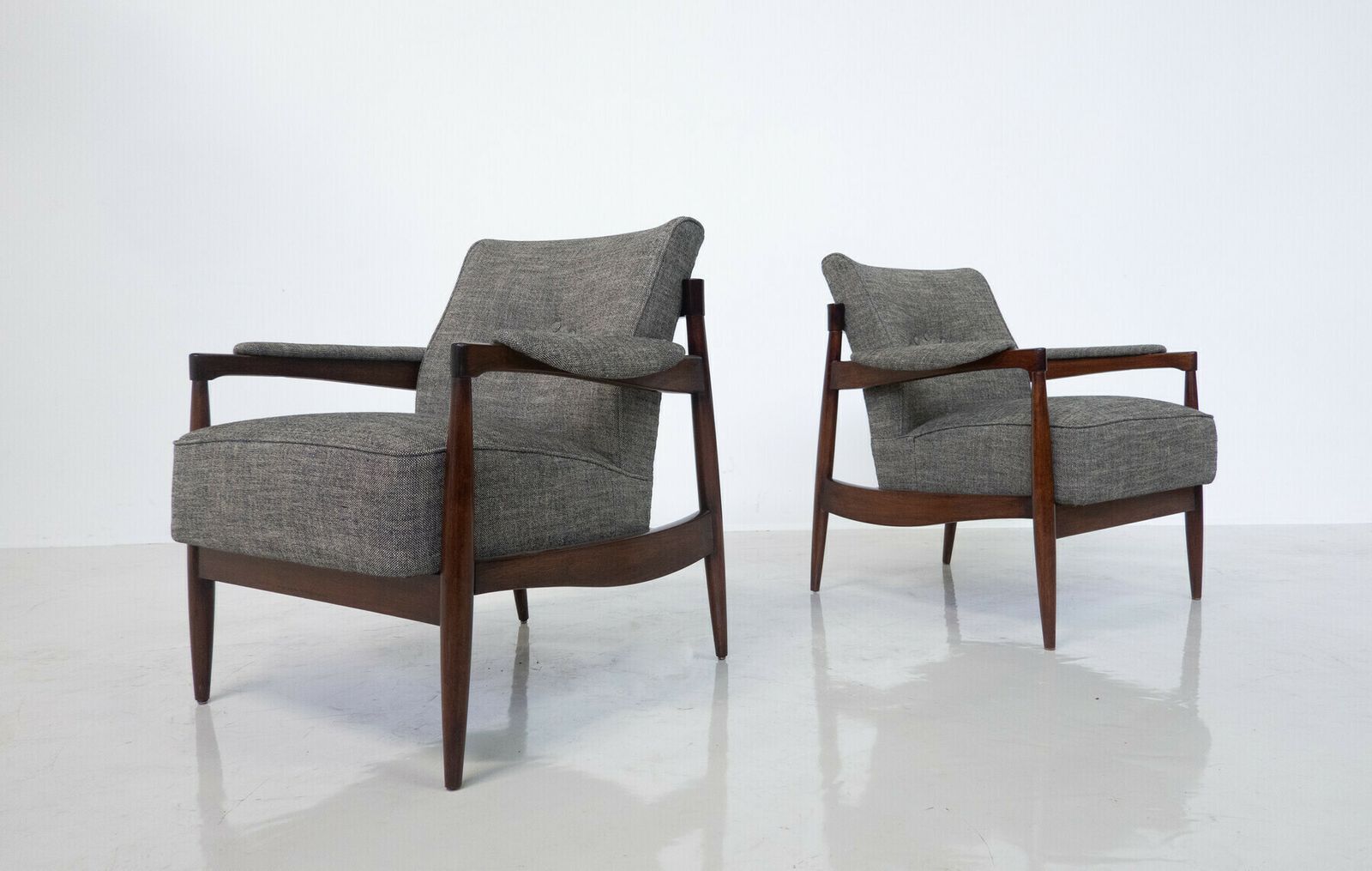 Mid Century Modern Pair Of Armchairs Wood And Grey Fabric Italy 1960s New Upholstery