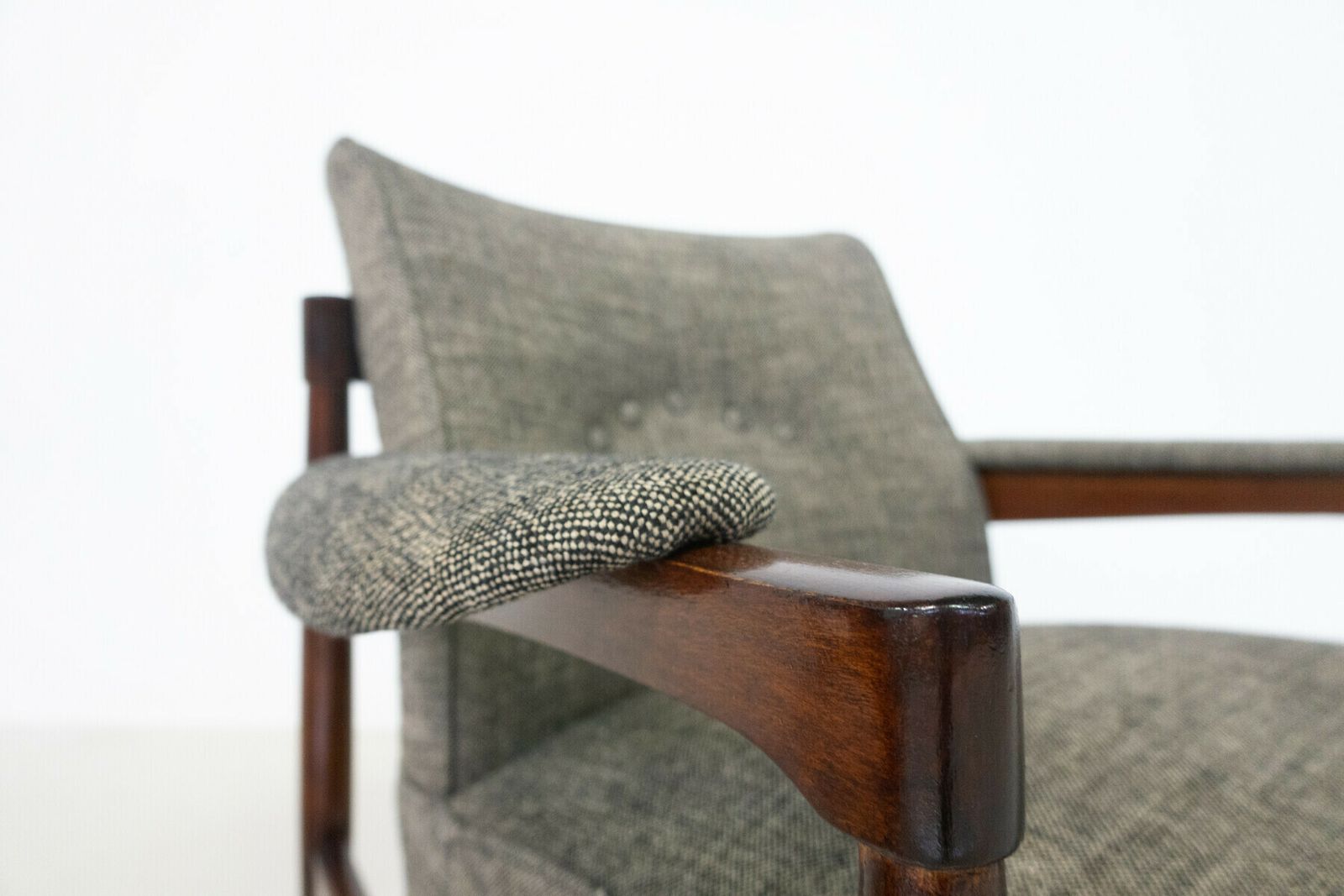 Mid Century Modern Pair Of Armchairs Wood And Grey Fabric Italy 1960s New Upholstery photo vinterior