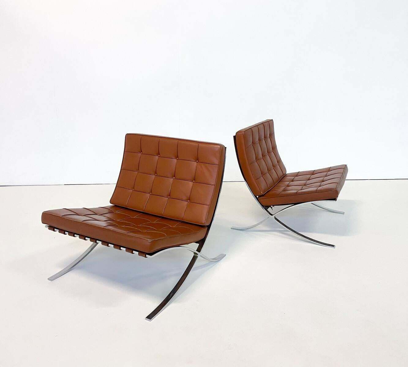 Pair Of Brown Leather Barcelona Chairs By Mies Van Der Rohe For Knoll photo buy