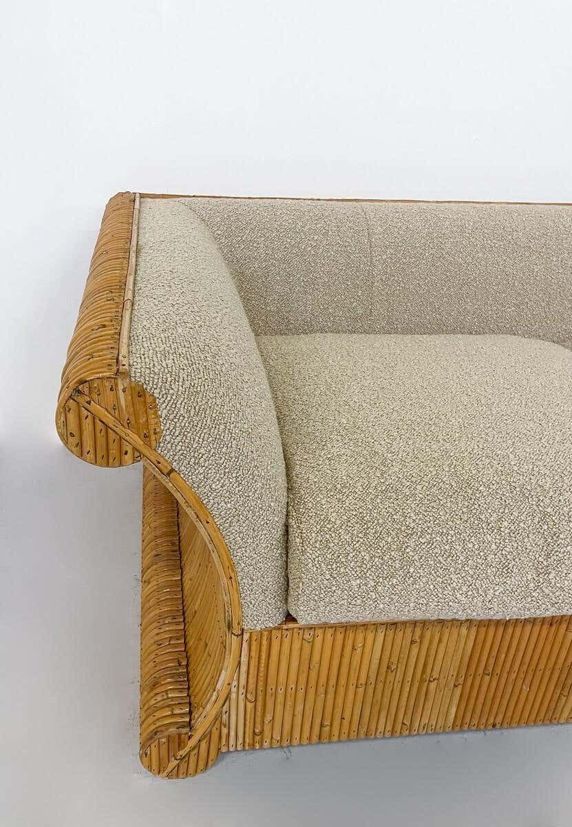 Mid Century Modern Rattan Three Seater, Beige Boucle Fabric, Italy, 1960s photo 6279.0