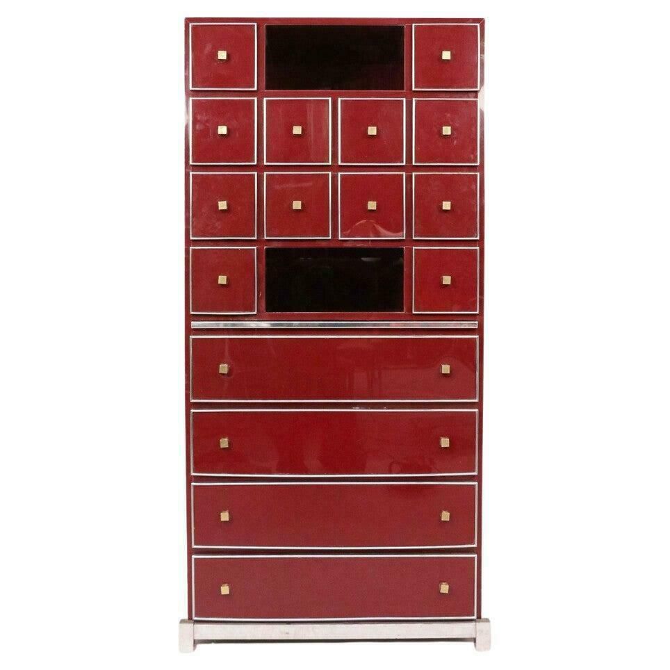 Mid Century Red Cabinet Secretary By Michel Pigneres, Brass Chrome And Lacquer