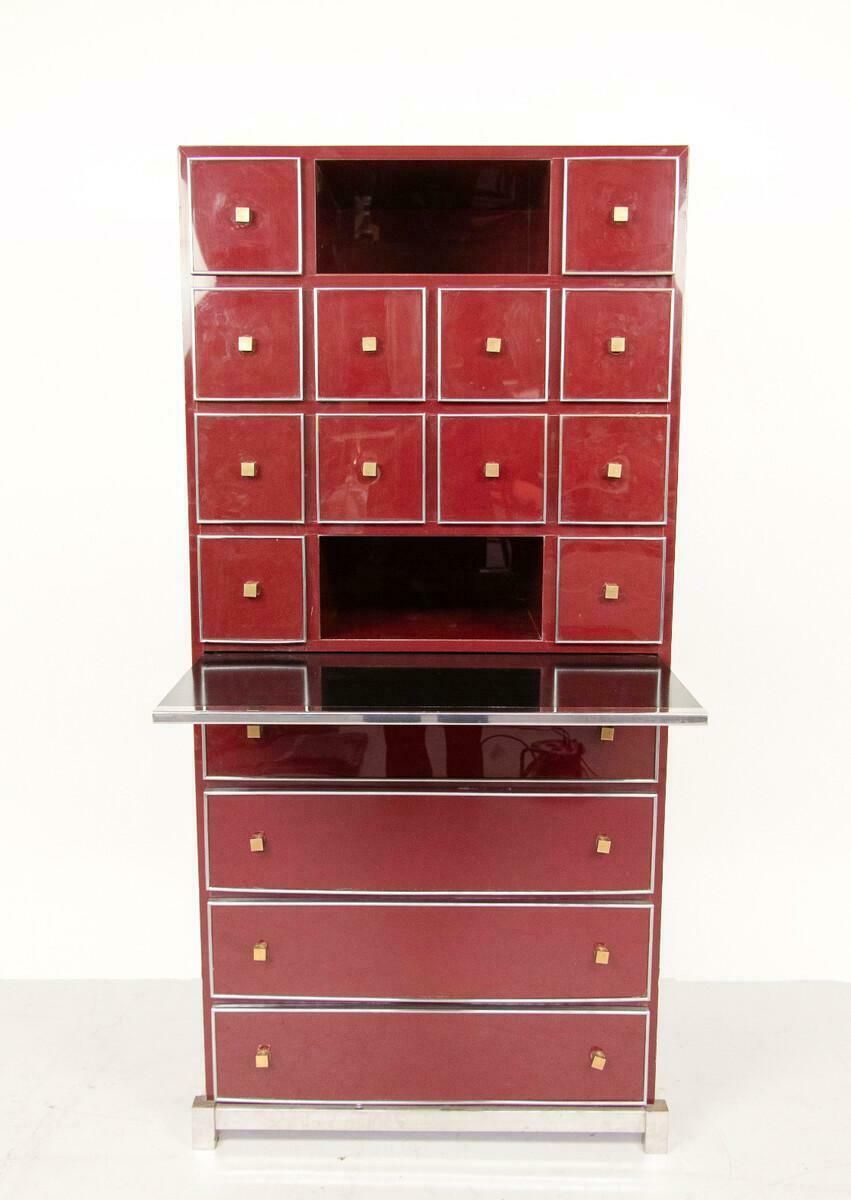 Mid Century Red Cabinet Secretary By Michel Pigneres, Brass Chrome And Lacquer photo for sale