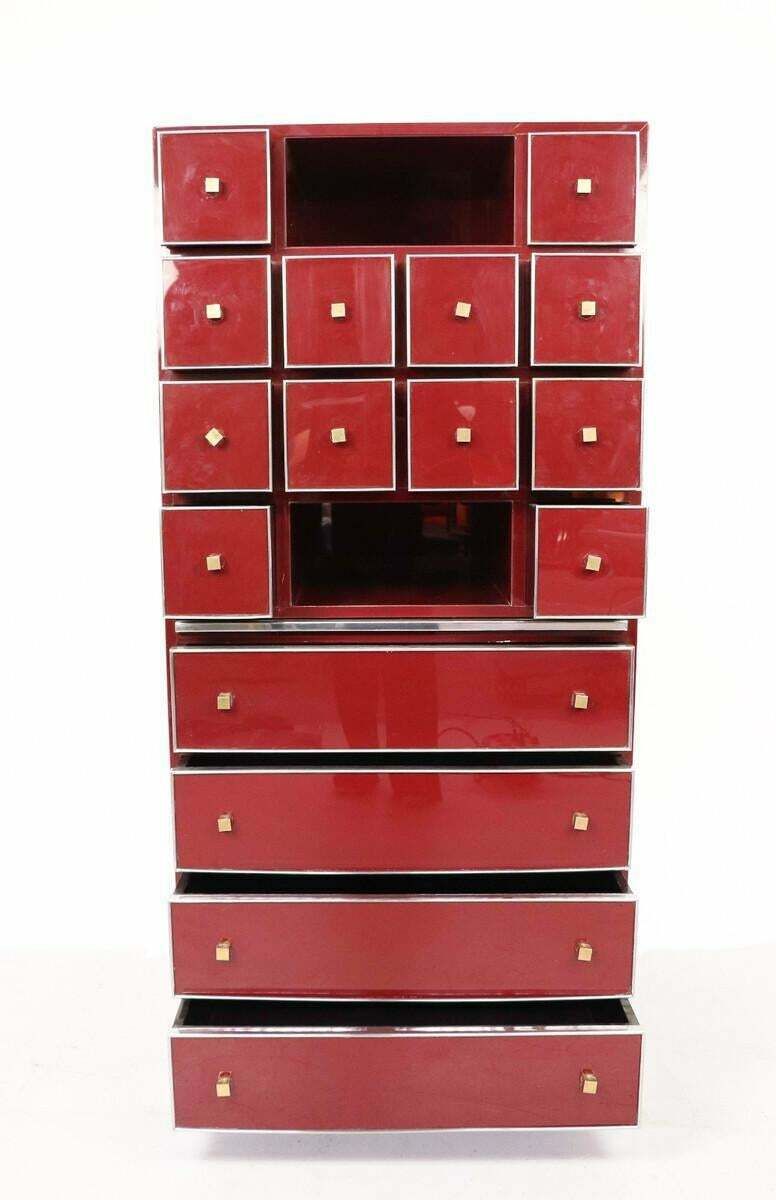 Mid Century Red Cabinet Secretary By Michel Pigneres, Brass Chrome And Lacquer photo Furniture
