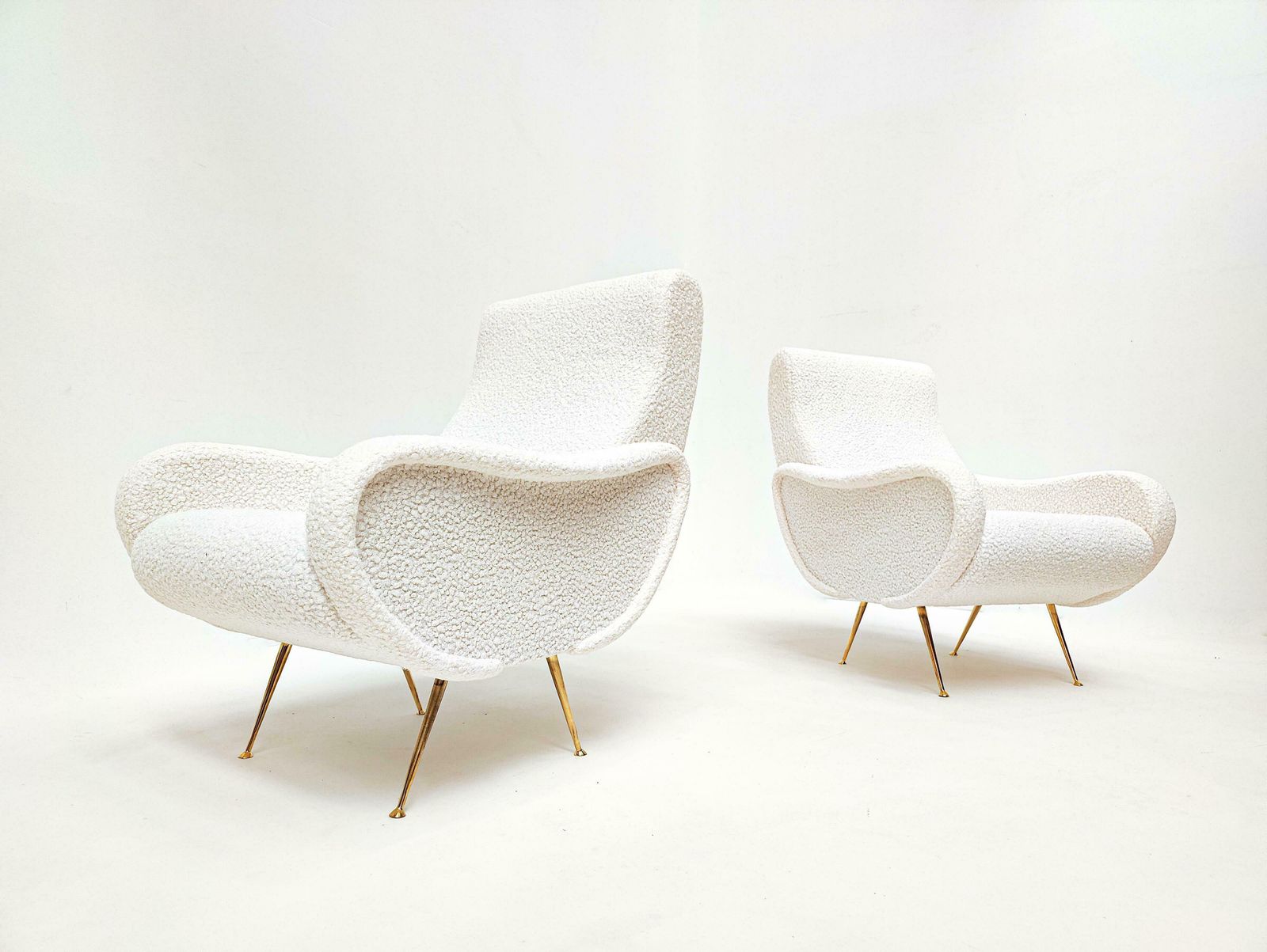 Mid Century Modern Italian Pair Of Armchairs, White Boucle Fabric, 1950s photo for sale