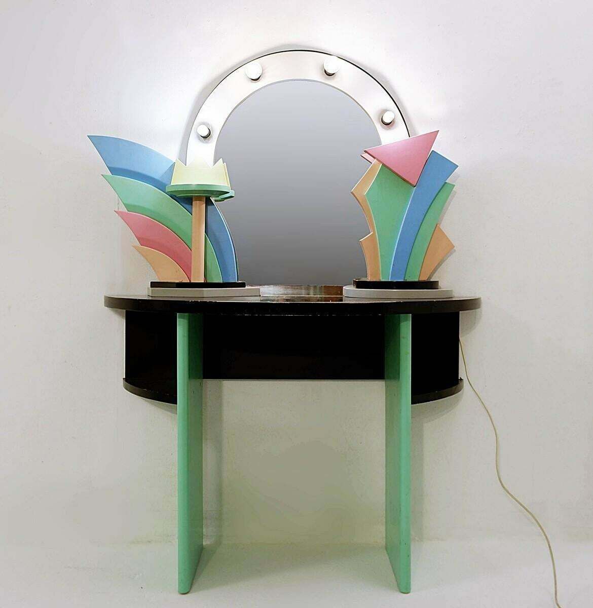 Mid Century Modern Memphis Style Dressing Table/ Vanity In Lacquered Wood, 1960s photo vinterior