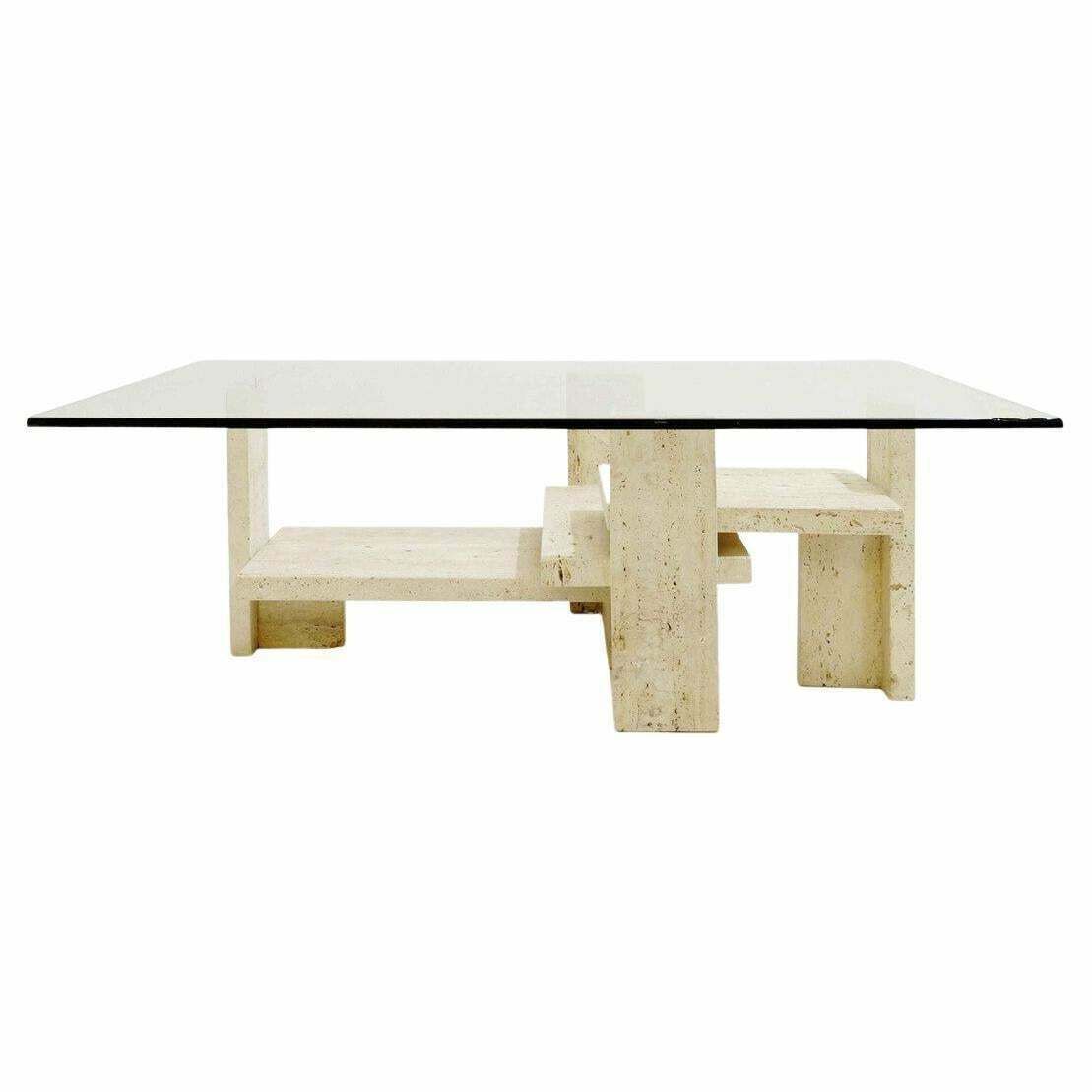 Mid Century Modern Glass And Travertine Coffee Table, Willy Ballez, 1970s