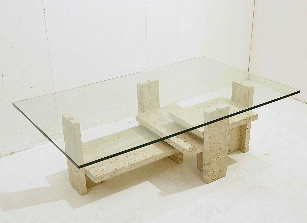 Mid Century Modern Glass And Travertine Coffee Table, Willy Ballez, 1970s photo furniture