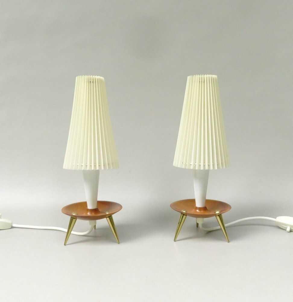 Elegant Delicate Mid Century Table Lights In Teak  Brass And Pleated Screens  1960s  Set Of 2