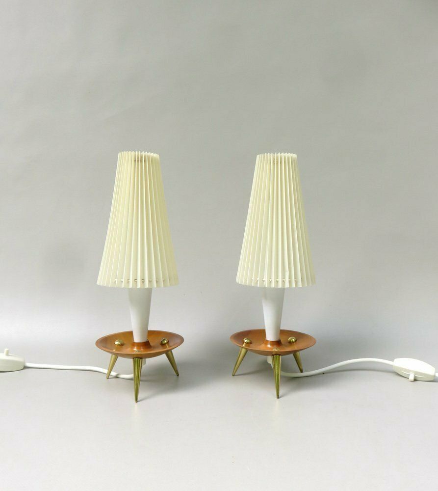 Elegant Delicate Mid Century Table Lights In Teak  Brass And Pleated Screens  1960s  Set Of 2 photo furniture