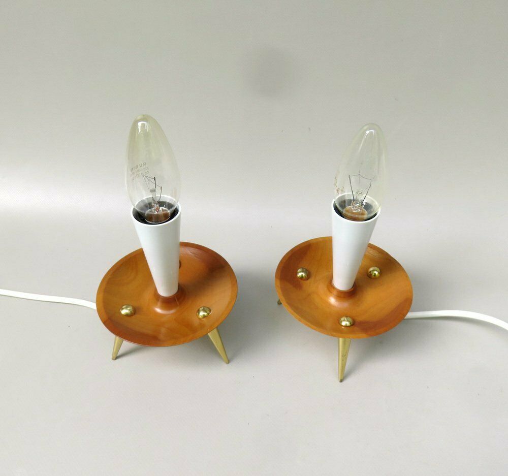 Elegant Delicate Mid Century Table Lights In Teak  Brass And Pleated Screens  1960s  Set Of 2 photo vintage