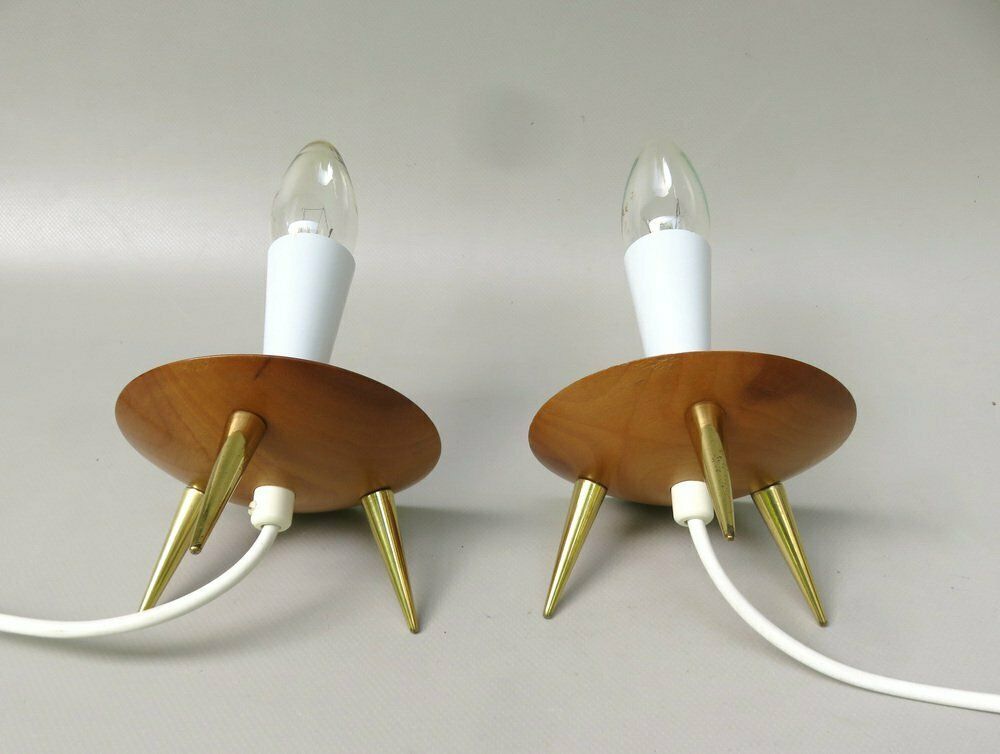 photo for sale Elegant Delicate Mid Century Table Lights In Teak  Brass And Pleated Screens  1960s  Set Of 2