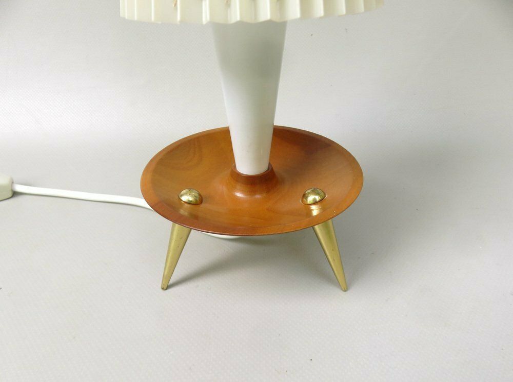 photo vinterior Elegant Delicate Mid Century Table Lights In Teak  Brass And Pleated Screens  1960s  Set Of 2