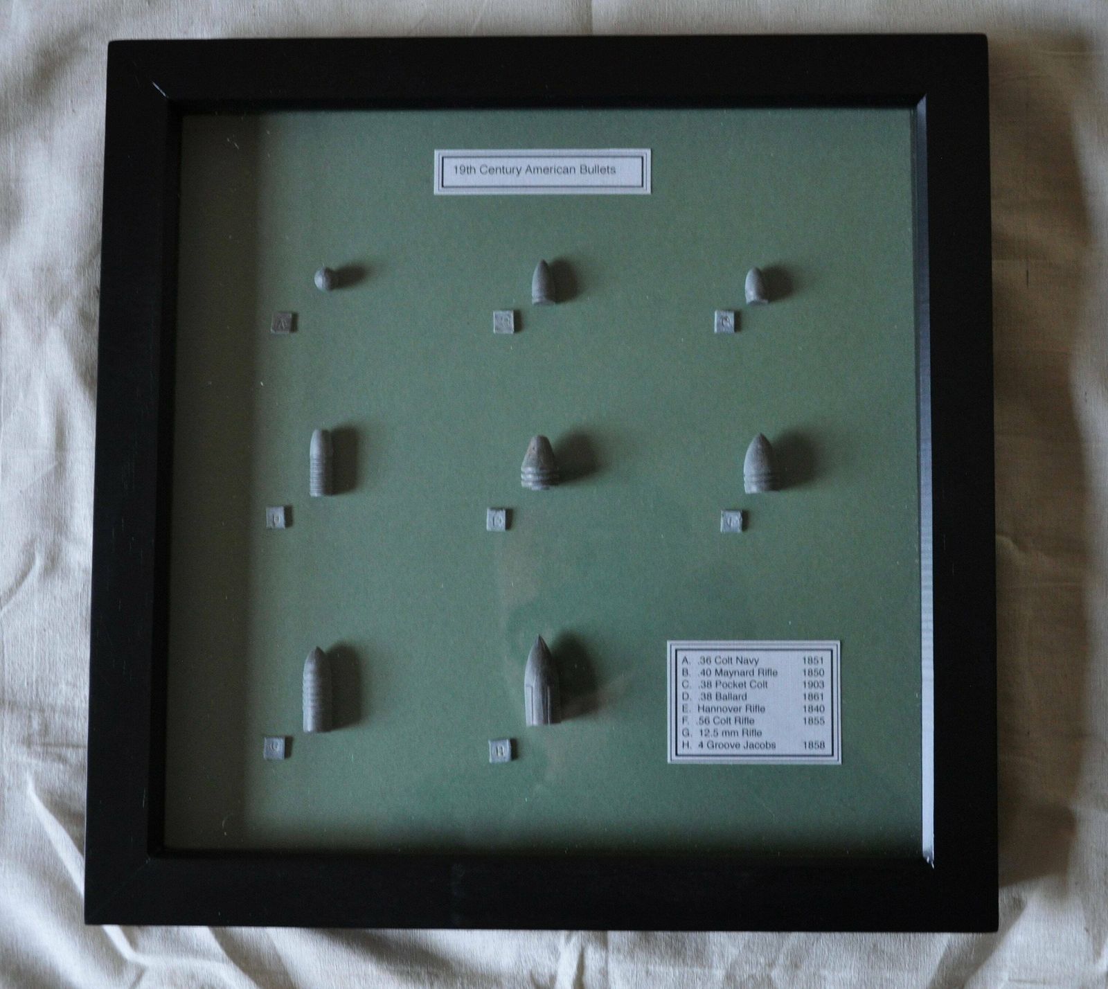 19th Century British Pistol Cast Lead Bullets In Display Frame photo vintage