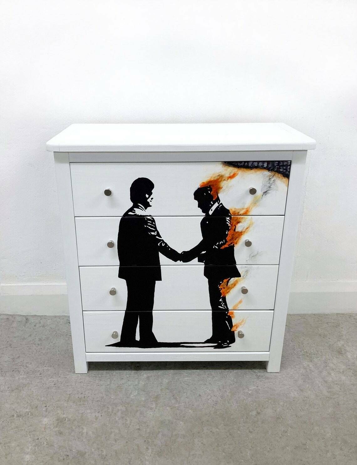 Chest Of 4 Drawers  Pink Floyd  Wish You Were Here  Art On Wood  Bedroom Furniture  White Chest Of Drawers  Hand Painted Drawers photo for sale