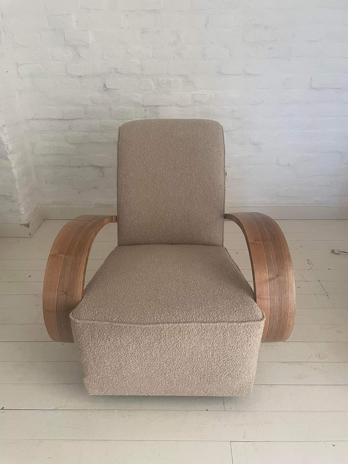 Art Deco Armchair With Wooden Arm And Curly Taupe Fabric photo for sale