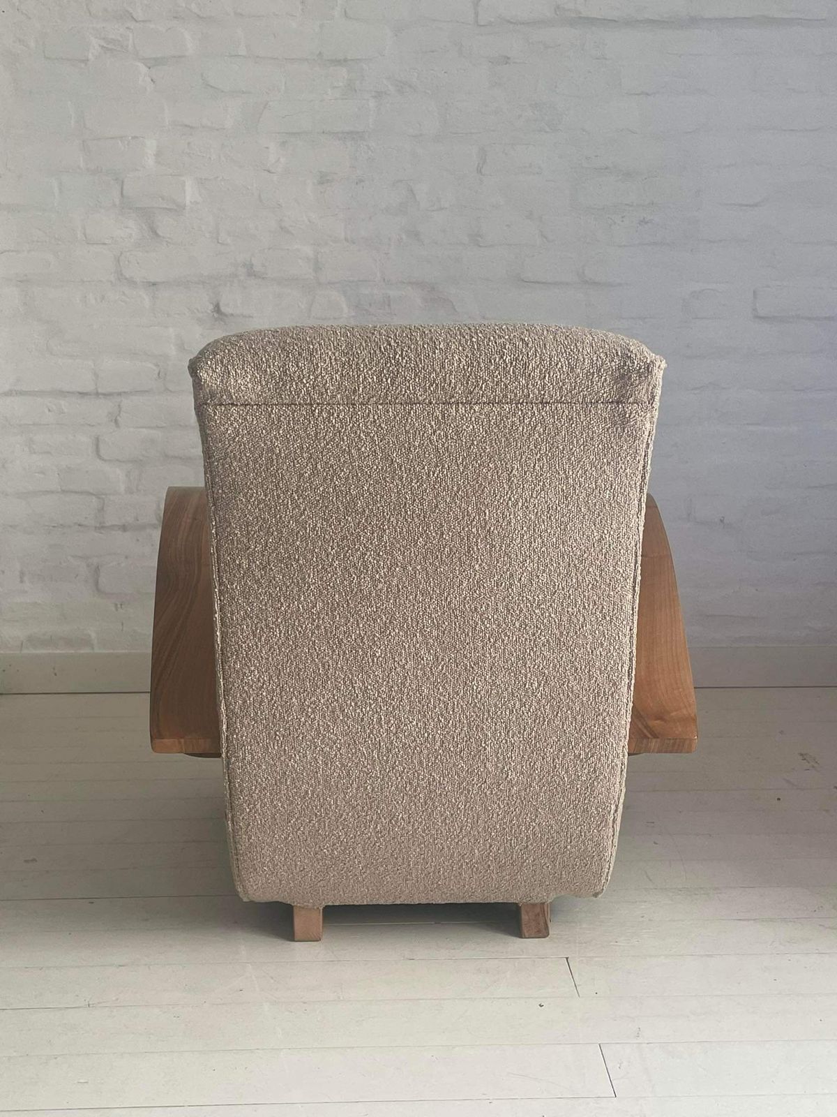 Art Deco Armchair With Wooden Arm And Curly Taupe Fabric photo Furniture