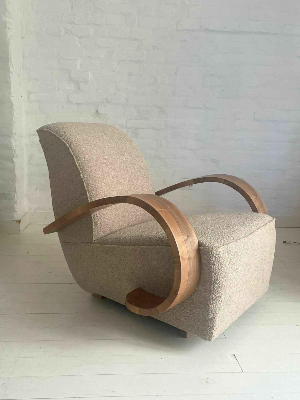 Art Deco Armchair With Wooden Arm And Curly Taupe Fabric photo 2629.0