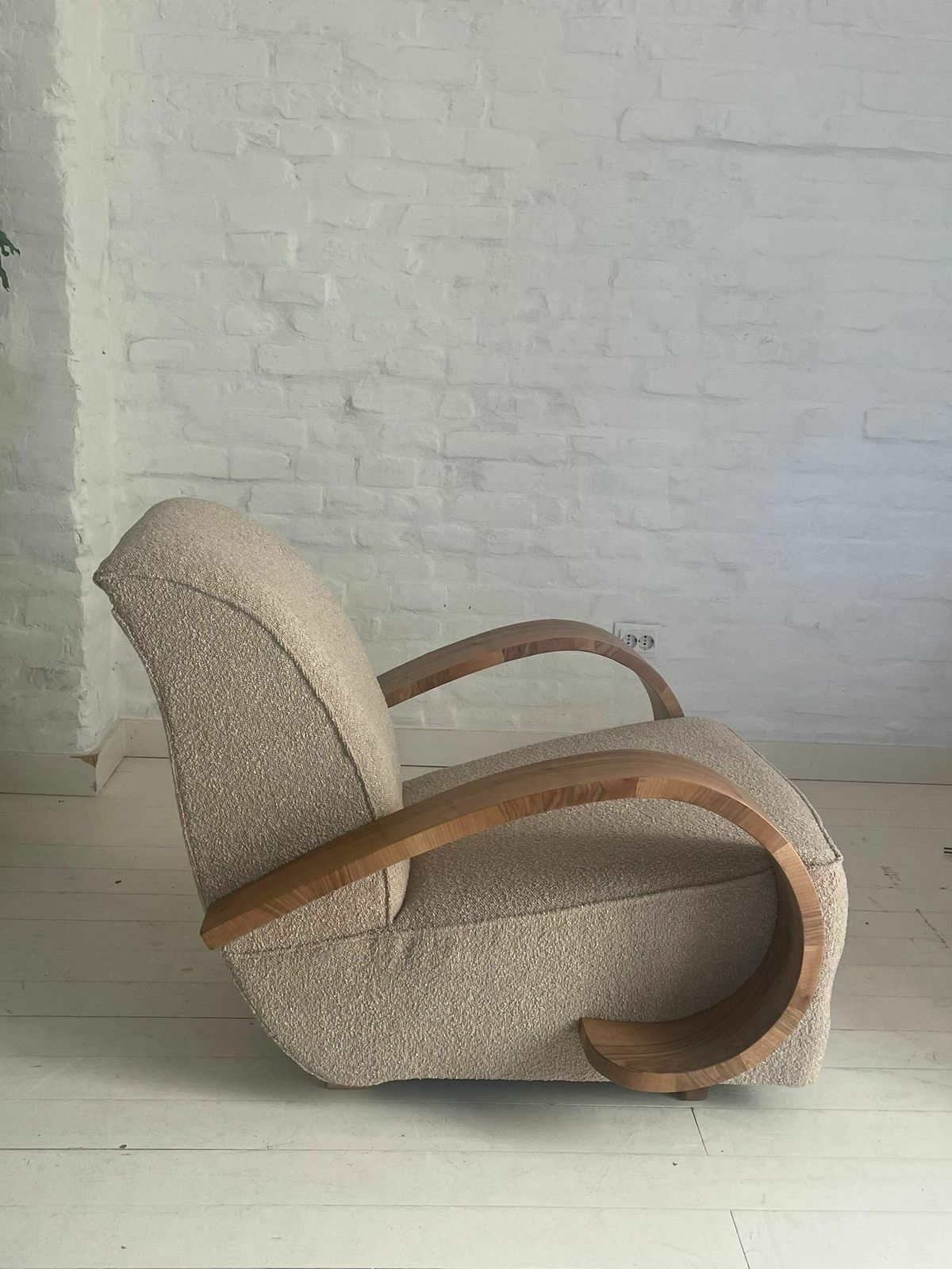 Art Deco Armchair With Wooden Arm And Curly Taupe Fabric photo buy