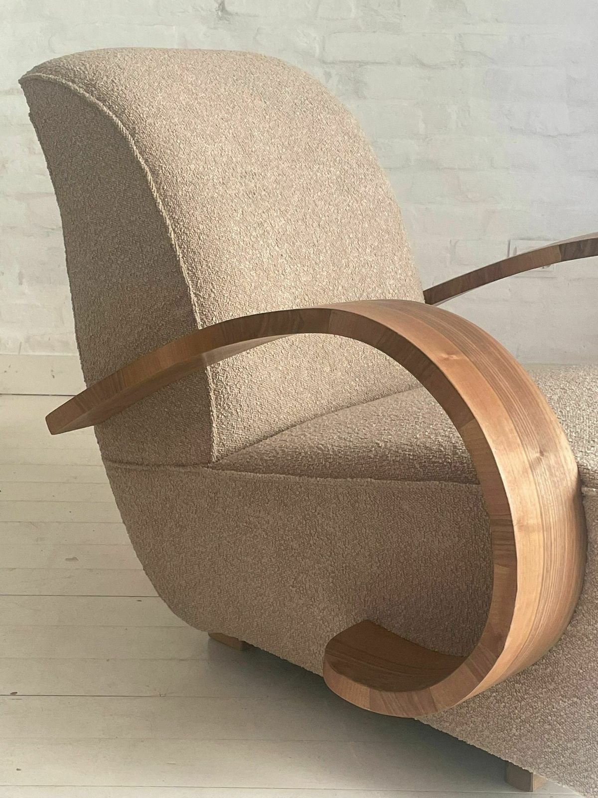 photo furniture Art Deco Armchair With Wooden Arm And Curly Taupe Fabric