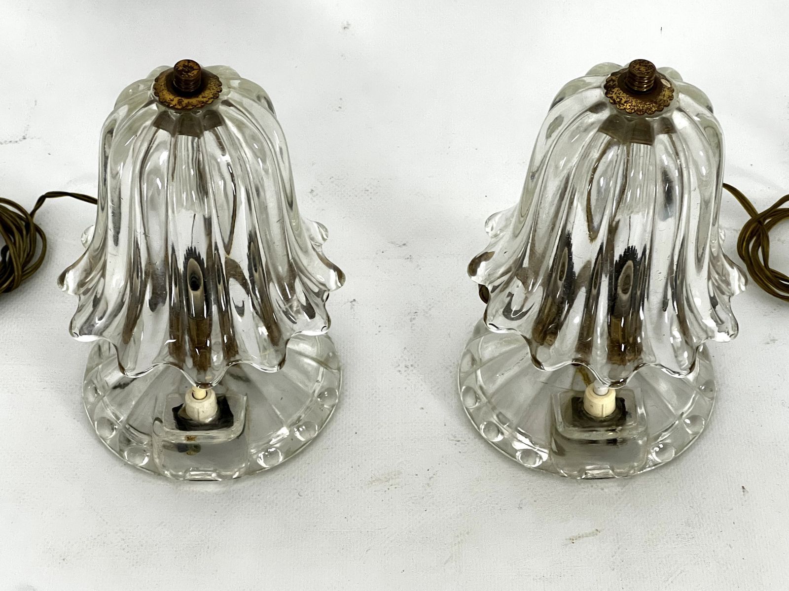 Mid Century Pair Of Ercole Barovier Murano Glass And Brass Table Lamps. 1940s photo for sale