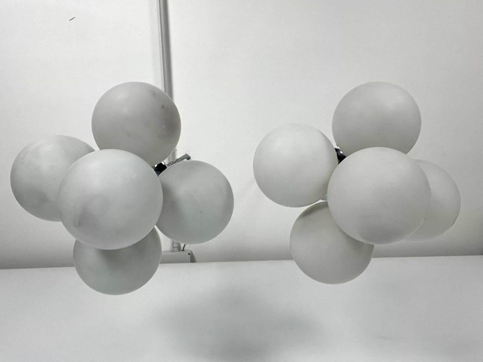 Space Age Style, Vintage Pair Of Ceiling Lamps In Chrome And Opaline Glass. Italy 1980s photo vinterior