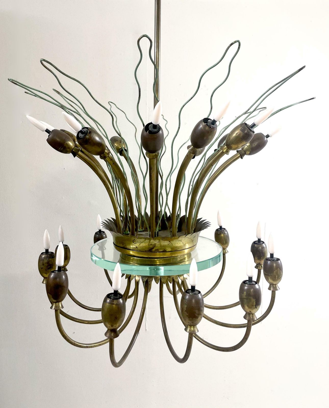 Mid Century Modern Italian Chandelier, Metal Brass And Glass, Italy, 1950s photo furniture