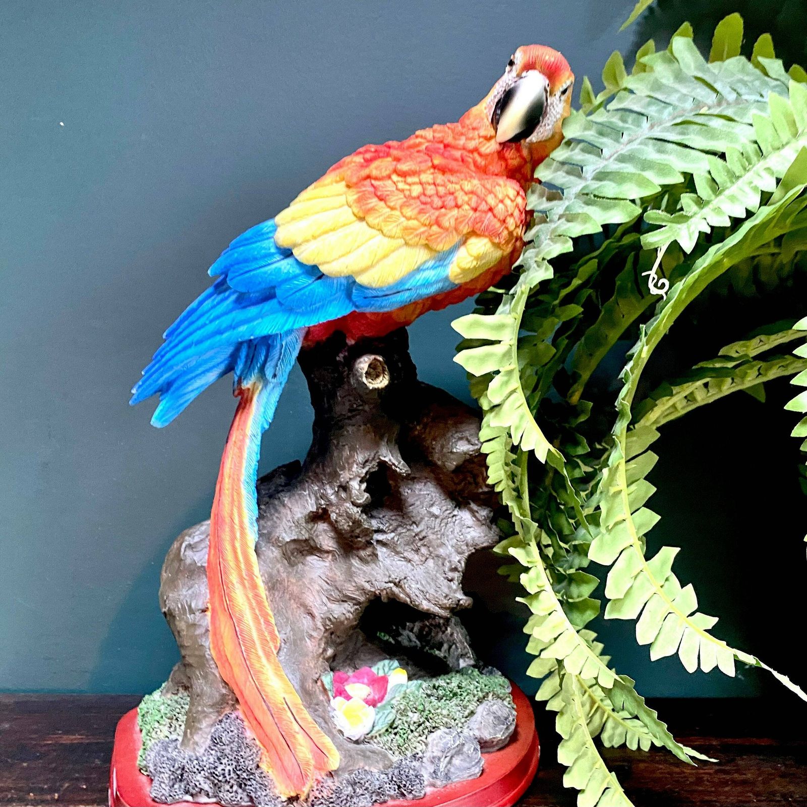 Vintage, Macaw, Parrot Ornament, Resin, On Log. Housewarming Gift, Parrot Collector Gift.