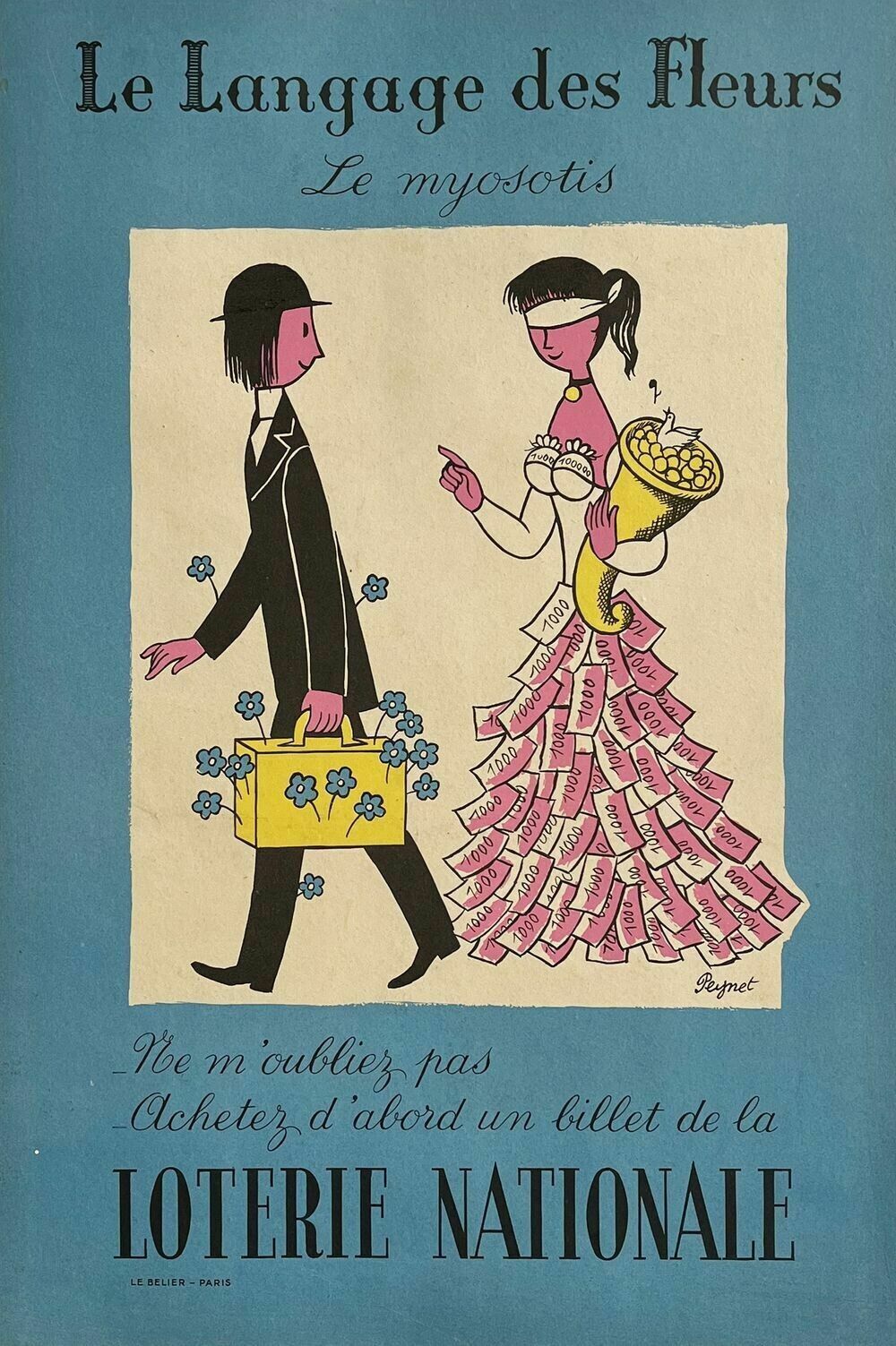 Vintage Poster Poster National Lottery Raymond Peynet 1960 The Myosotis Flower