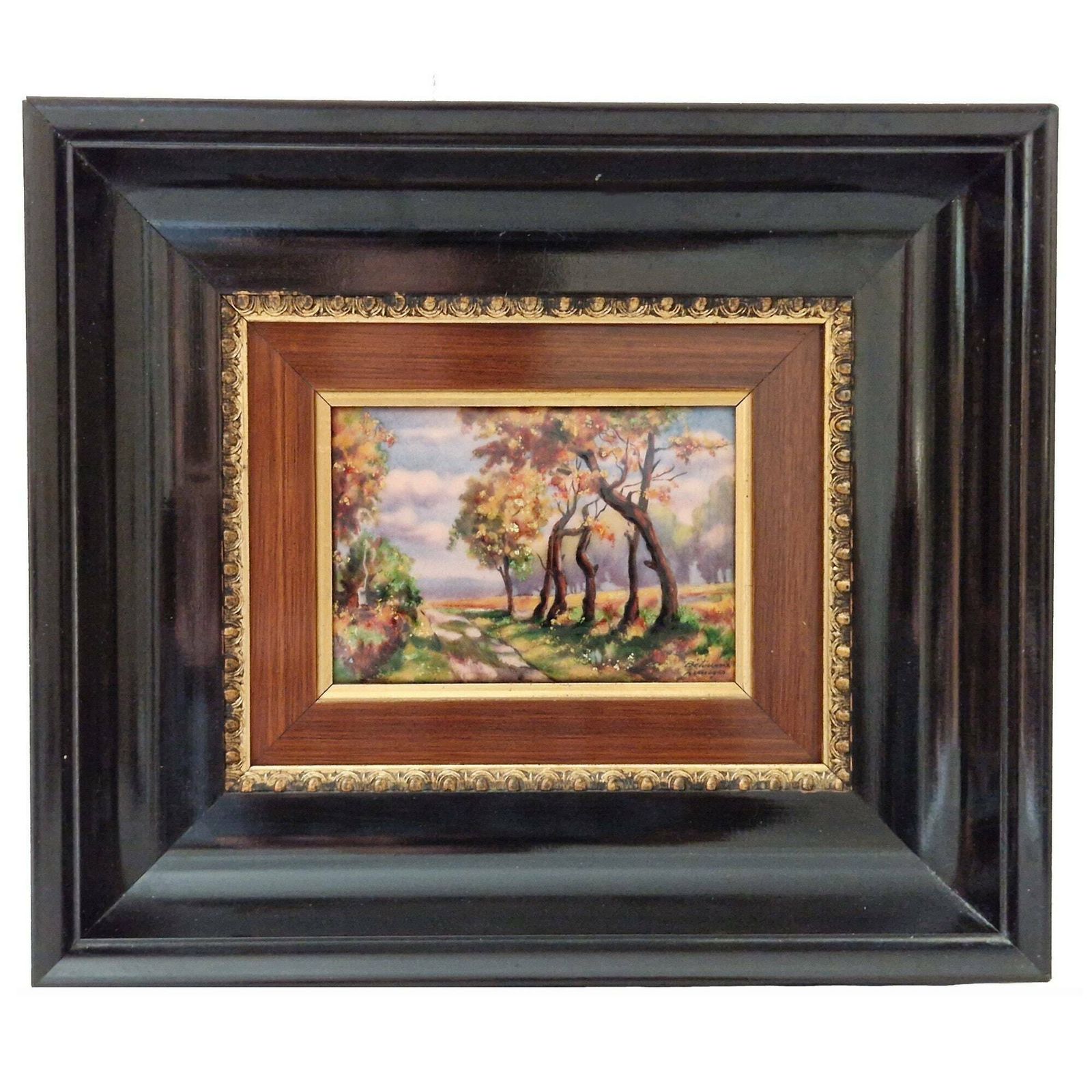 French Limoges Enamel Autumnal Painting By Betourne, Fall Country Landscape Wall Art