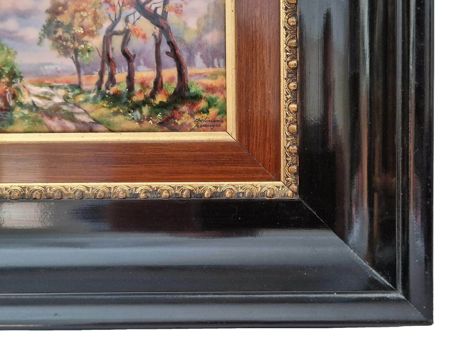 French Limoges Enamel Autumnal Painting By Betourne, Fall Country Landscape Wall Art photo vintage