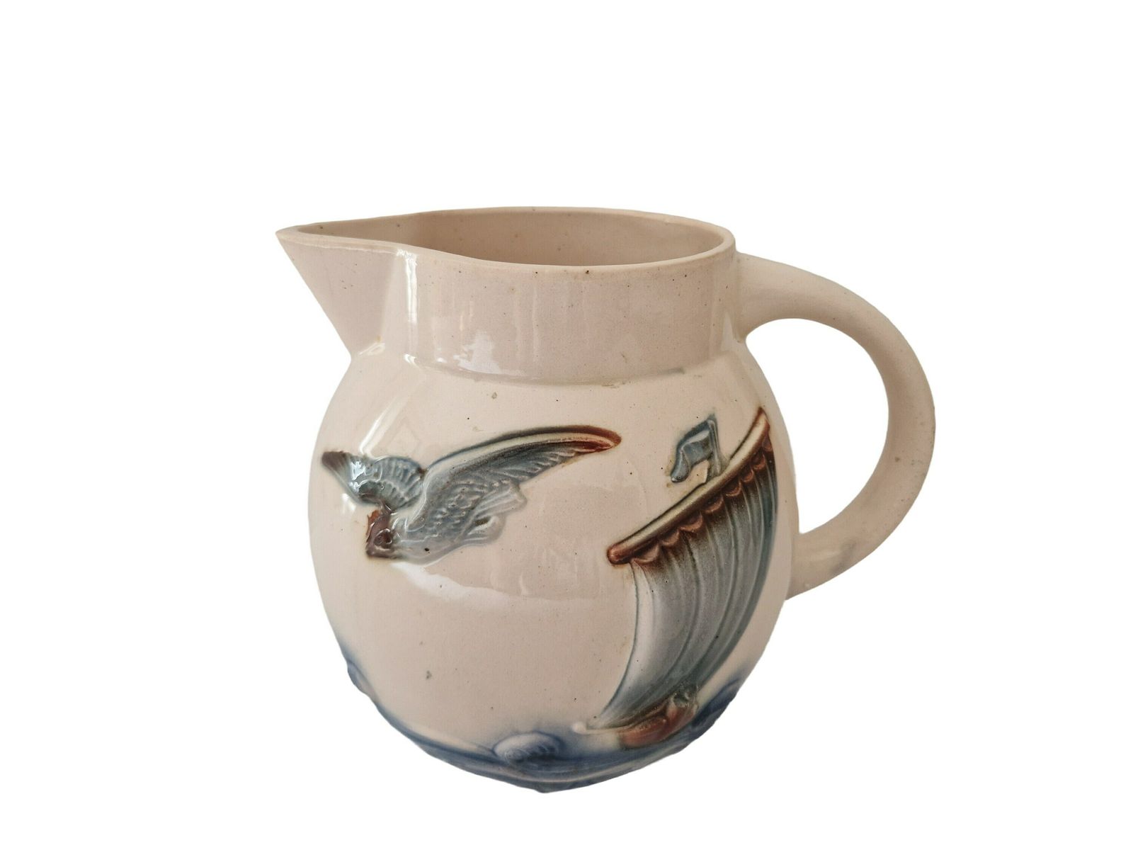 Antique French Majolica Water Pitcher By Digoin Sarreguemines, Sailboat And Seagull Art Deco Ceramic Jug, Nautical Decor photo buy