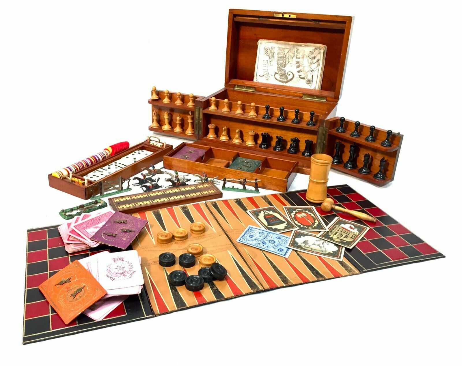 Antique 19th Century Victorian Games Compendium Box / Wooden Cabinet C.1880