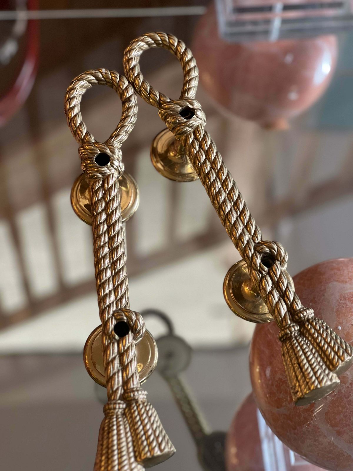 Pair Of Large Push And Pull Rope And Tassel Effect Solid Brass Door Handles. Italian 1950s photo for sale