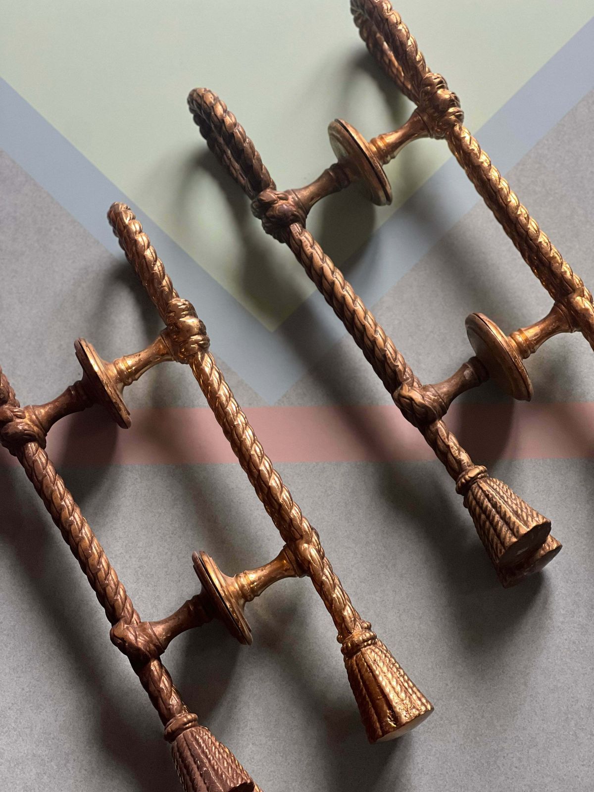 Pair Of Large Push And Pull Rope And Tassel Effect Solid Brass Door Handles. Italian 1950s photo vinterior