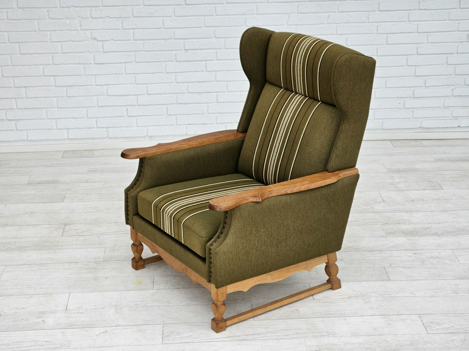 1970s, Danish Wingback Chair, Original Upholstery, Green Furniture Wool. photo furniture