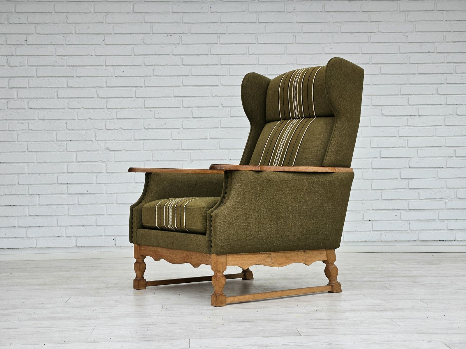 1970s, Danish Wingback Chair, Original Upholstery, Green Furniture Wool. photo Furniture