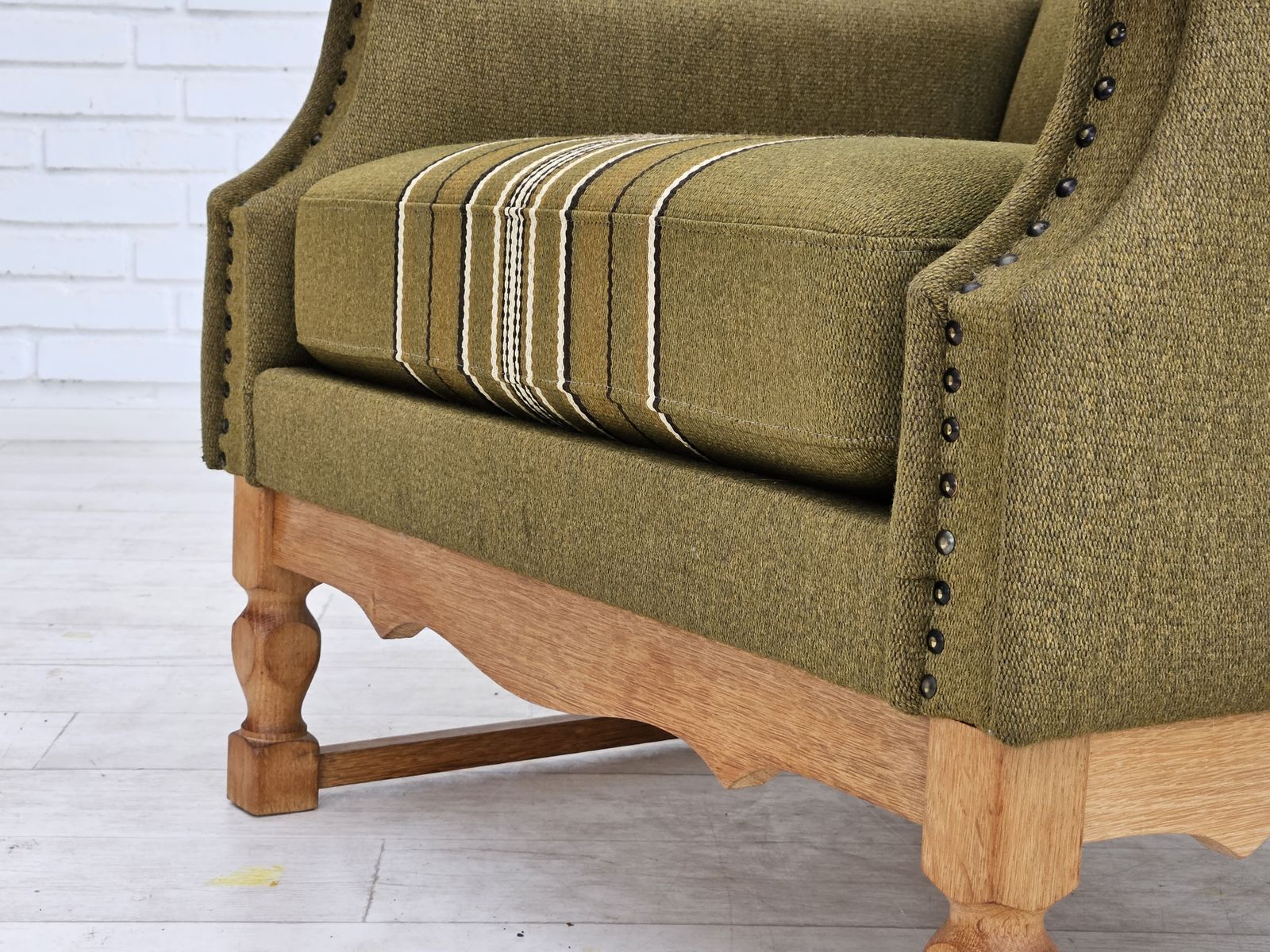 1970s, Danish Wingback Chair, Original Upholstery, Green Furniture Wool. photo 1090.0